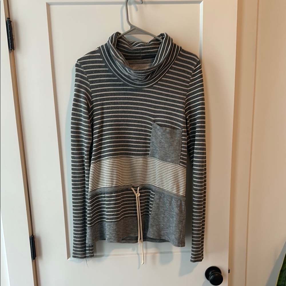 Blue Cowl Turtleneck Sweater with Sheer Panel